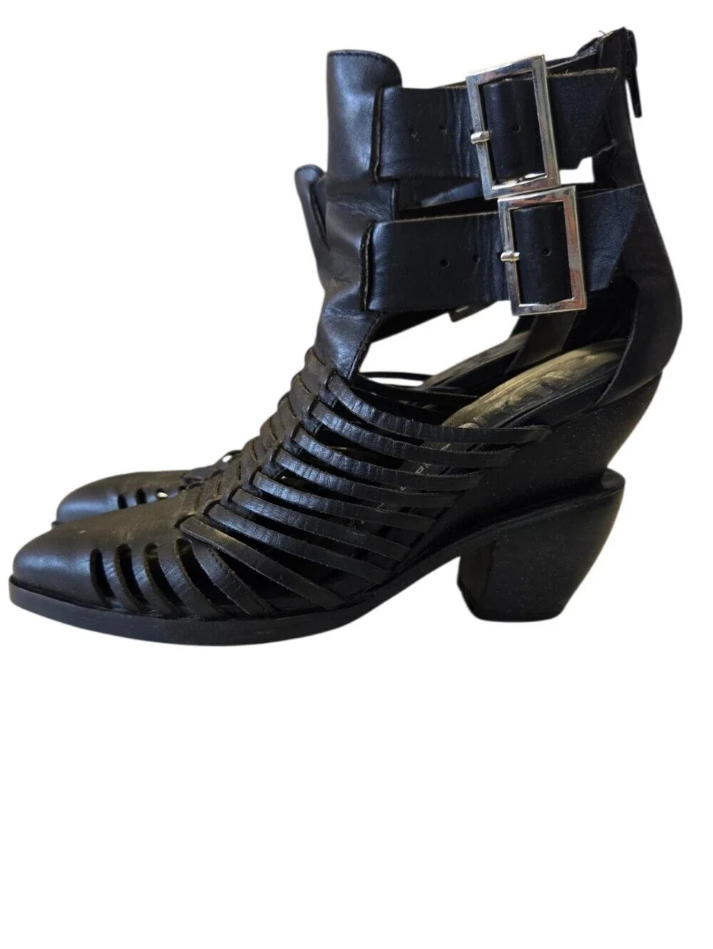 Jeffrey Campbell Cantu-Low Black Leather Cage Heel Booties Size 8.5 🔥